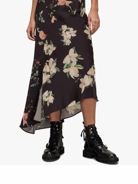 AllSaints Black Floral Asymmetrical Midi Skirt